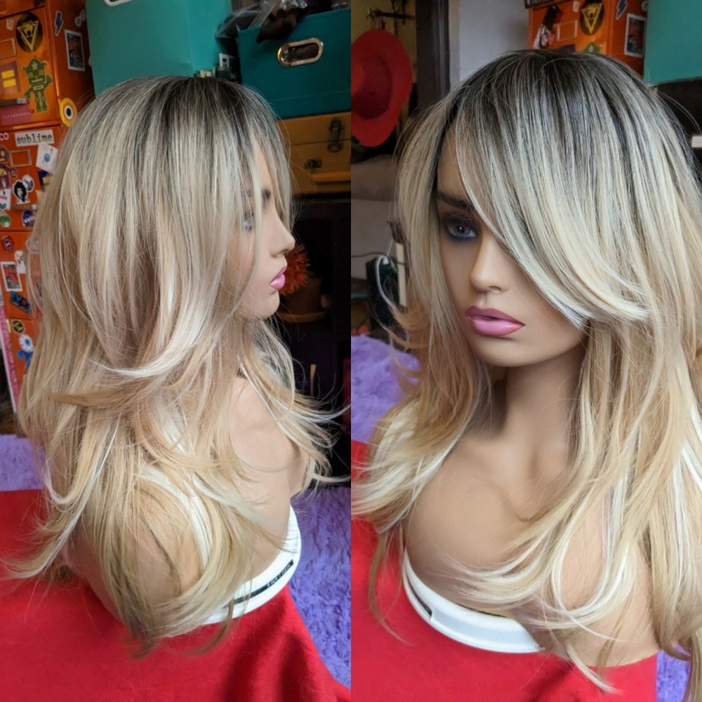 rooted Ombre blonde bombshell layers long wig